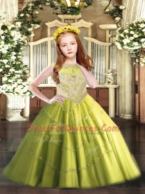 New Arrival Olive Green Zipper Scoop Beading and Appliques Little Girl Pageant Dress Tulle Sleeveless