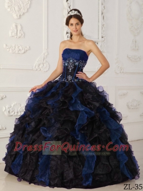 Blue and Black Ball Gown Strapless Floor-length Taffeta and Organza Beading Beautiful Quinceanera Dress