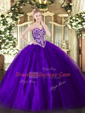 Unique Purple Ball Gowns Sweetheart Sleeveless Tulle Floor Length Lace Up Beading Quinceanera Gown