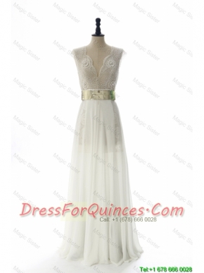 Cheap New Style White Long Prom Dresses with Beading and Belt for 2016