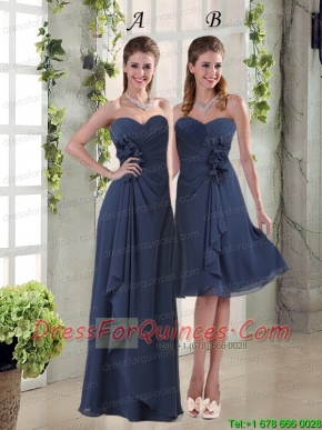 Navy Blue Ruching and Hand Made Flowers  Christmas Party Dresses with Sweetheart