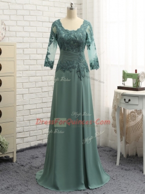 Green Zipper Scalloped Lace and Appliques and Ruching Prom Evening Gown Chiffon Long Sleeves