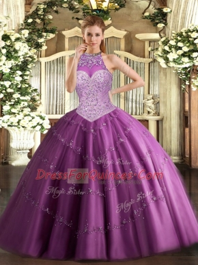 Floor Length Ball Gowns Sleeveless Fuchsia Ball Gown Prom Dress Lace Up