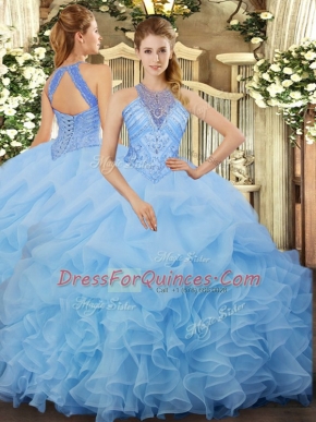 Organza Halter Top Sleeveless Lace Up Beading and Ruffles and Pick Ups Quinceanera Gown in Aqua Blue