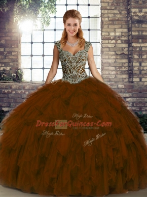 Graceful Brown Sleeveless Organza Lace Up Sweet 16 Dresses for Military Ball and Sweet 16 and Quinceanera