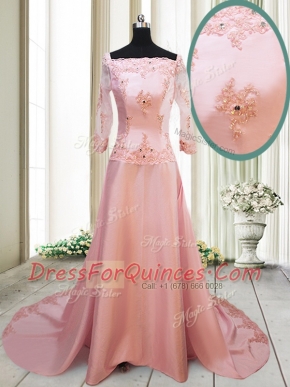 New Arrival With Train Peach Dress for Prom Square Long Sleeves Brush Train Zipper