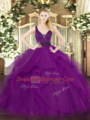 Purple Ball Gowns Beading and Ruffles Quinceanera Gown Zipper Tulle Sleeveless Floor Length