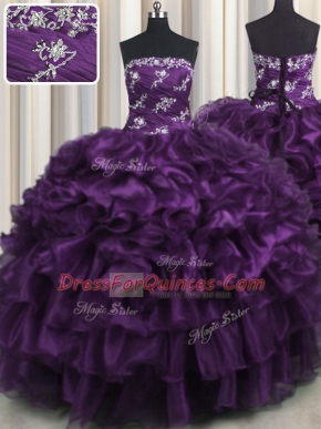 Fine Ruffled Layers Purple Sleeveless Organza Lace Up 15th Birthday Dress for Military Ball and Sweet 16 and Quinceanera