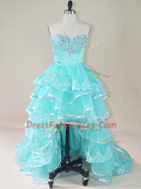 Sleeveless Lace Up High Low Beading and Lace and Ruffled Layers Prom Gown