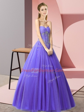 Lavender Tulle Lace Up Sweetheart Sleeveless Floor Length Prom Dresses Beading