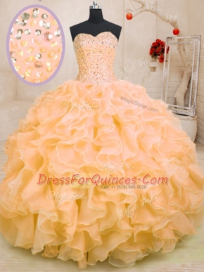 Organza Sweetheart Sleeveless Lace Up Beading and Ruffles Quinceanera Gown in Orange