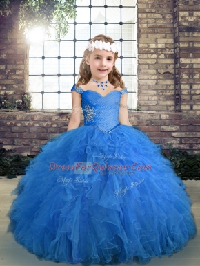 Straps Sleeveless Tulle Little Girls Pageant Dress Beading and Ruffles Lace Up