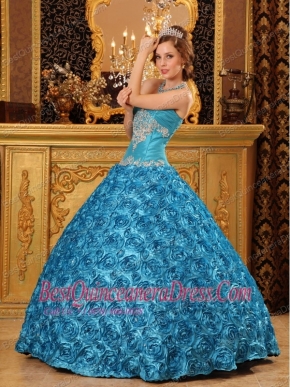 Teal Ball Gown Sweetheart Floor-length Fabric with Rolling Flowers Appliques Quinceanera Dress