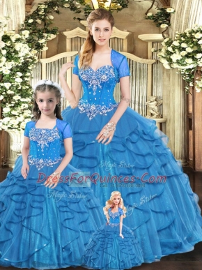 Blue Tulle Lace Up Sweet 16 Quinceanera Dress Sleeveless Floor Length Beading and Ruffles
