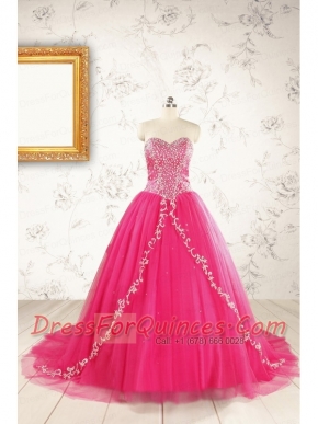 2015 Beautiful Hot Pink Quinceanera Dresses with Beading and Appliques