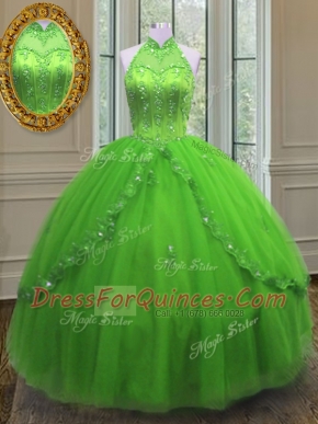 Admirable Vestidos de Quinceanera Military Ball and Sweet 16 and Quinceanera and For with Beading and Appliques Halter Top Sleeveless Lace Up