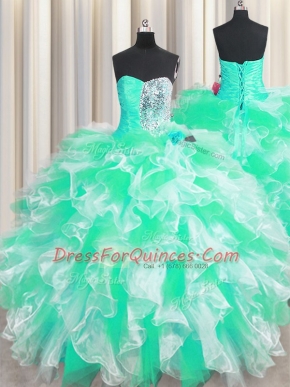 Floor Length Lace Up Quinceanera Dresses Apple Green for Military Ball and Sweet 16 and Quinceanera with Beading and Ruffles