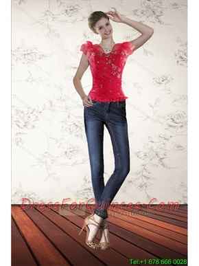 2015 Red Beaded Sweetheart Corset with Ruffled Layers