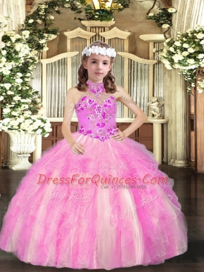 Lilac Pageant Dress for Teens Party and Sweet 16 and Wedding Party with Appliques Halter Top Sleeveless Lace Up