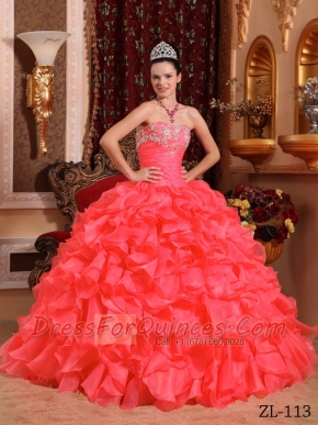 Coral Red Ball Gown Strapless Floor-length Organza Beading and Appliques Beautiful Quinceanera Dress