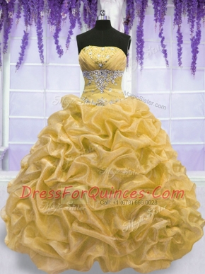 Trendy Floor Length Gold Sweet 16 Quinceanera Dress Organza Sleeveless Beading