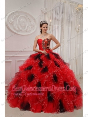 Red and Black Ball Gown Sweetheart Floor-length Orangza Beading and Ruch Quinceanera Dress