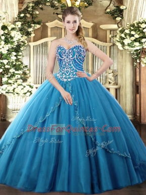 Sweetheart Sleeveless Brush Train Lace Up Sweet 16 Dresses Blue Tulle