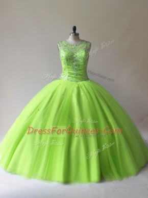 High Class Tulle Sleeveless Floor Length Vestidos de Quinceanera and Beading