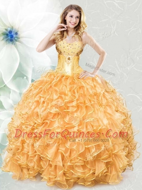 Adorable Gold Organza Lace Up Quince Ball Gowns Sleeveless Floor Length Beading and Ruffles
