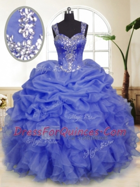 Lavender Zipper Straps Beading and Ruffles and Pick Ups Quince Ball Gowns Organza Sleeveless