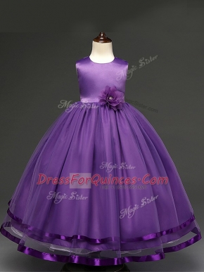 Elegant Purple Ball Gowns Tulle Scoop Sleeveless Hand Made Flower Floor Length Zipper Little Girl Pageant Gowns