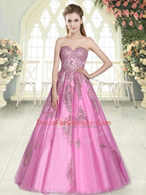 Floor Length A-line Sleeveless Rose Pink Dress for Prom Lace Up