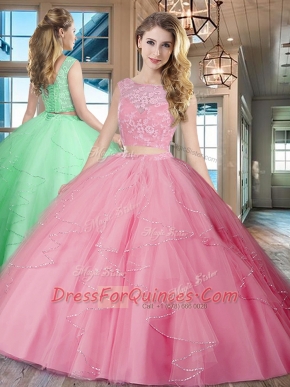 Rose Pink Bateau Neckline Lace and Ruffles Sweet 16 Dress Sleeveless Lace Up