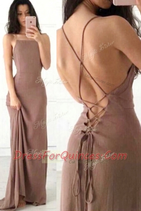 Brown Sleeveless Sweep Train Ruching With Train Homecoming Dress