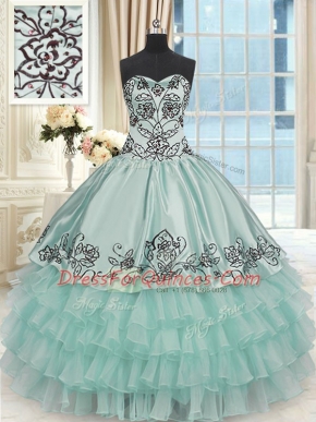 High End Sleeveless Floor Length Beading and Embroidery and Ruffled Layers Lace Up Sweet 16 Quinceanera Dress with Apple Green