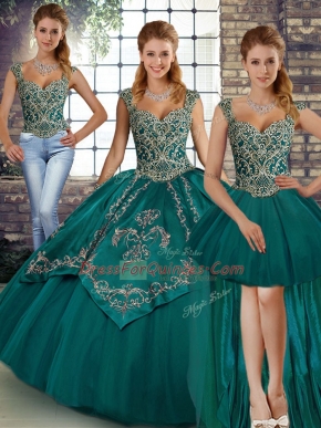 Teal Three Pieces Tulle Straps Sleeveless Beading and Embroidery Floor Length Lace Up Sweet 16 Quinceanera Dress