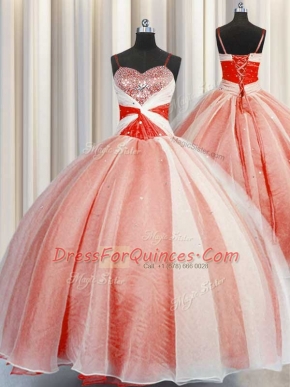 Fabulous Sleeveless Floor Length Beading and Sequins and Ruching Lace Up Quince Ball Gowns with Orange Red