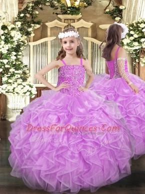 Best Floor Length Lace Up Girls Pageant Dresses Lilac for Party and Quinceanera with Beading and Ruffles