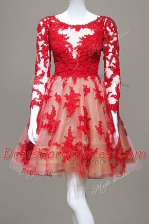 Lace Red Prom Dresses Prom and For with Appliques Scoop Long Sleeves Zipper