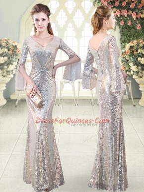 Most Popular Floor Length Mermaid Long Sleeves Silver Prom Gown
