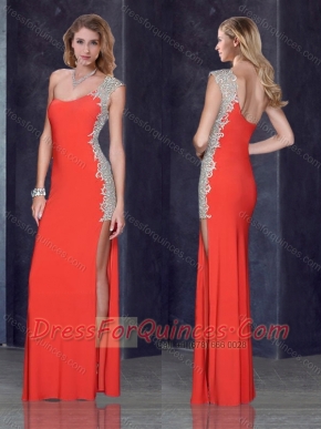 One Shoulder Red Prom Dress with Beading and Appliques