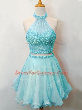 Fancy Aqua Blue Sleeveless Beading Knee Length Quinceanera Court of Honor Dress