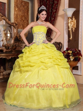 Yellow Ball Gown Strapless 15th Birthday Dresses Organza Appliques