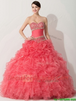 Discount Princess Coral Red Sweet 16 Dress with Beading and Ruffles