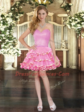 Admirable Ball Gowns Evening Dress Rose Pink Sweetheart Organza Sleeveless Mini Length Lace Up