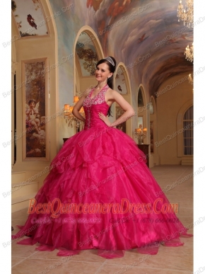 Red Ball Gown Halter Floor-length Organza Embroidery Quinceanera Dress