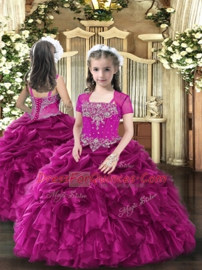 Attractive Floor Length Lace Up Little Girls Pageant Gowns Fuchsia for Party and Wedding Party with Beading and Ruffles