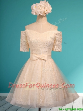 Pretty Off the Shoulder Short Sleeves Champagne Prom Dresses with Bowknot
