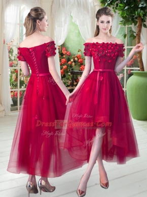 Off The Shoulder Short Sleeves Evening Dress High Low Appliques Red Tulle