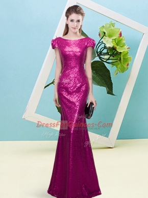 Hot Sale Mermaid Prom Gown Fuchsia Scoop Sequined Cap Sleeves Floor Length Zipper